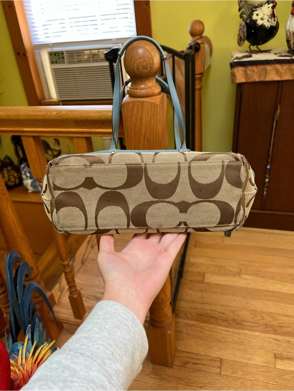 Coach Brown Signature Canvas Tote with Light Blue Trim